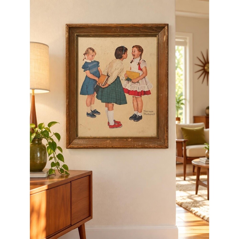 Vintage c.1960s Norman Rockwell Framed Print School Girls 16x13.5 Rustic Wood